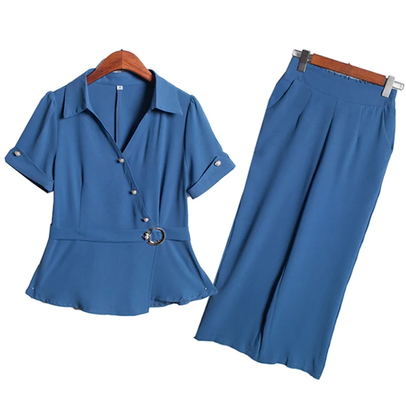 Летний шифоновый офисный комплект из 2 предметов, женские блузки с коротким рукавом и широкие брюки, элегантные модные женские комплекты s