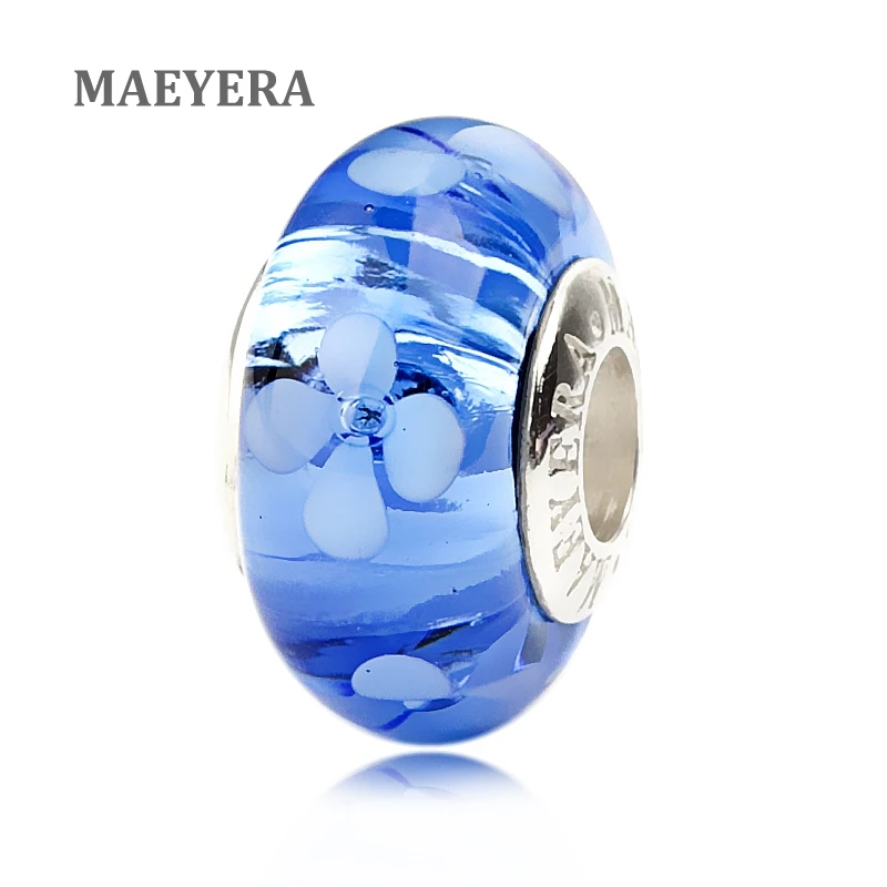 

MAEYERA Authentic 925 Sterling Silver Lampwork Beads Light Blue Quatrefoil Murano Glass Beads For European Charm Bracelet 920227