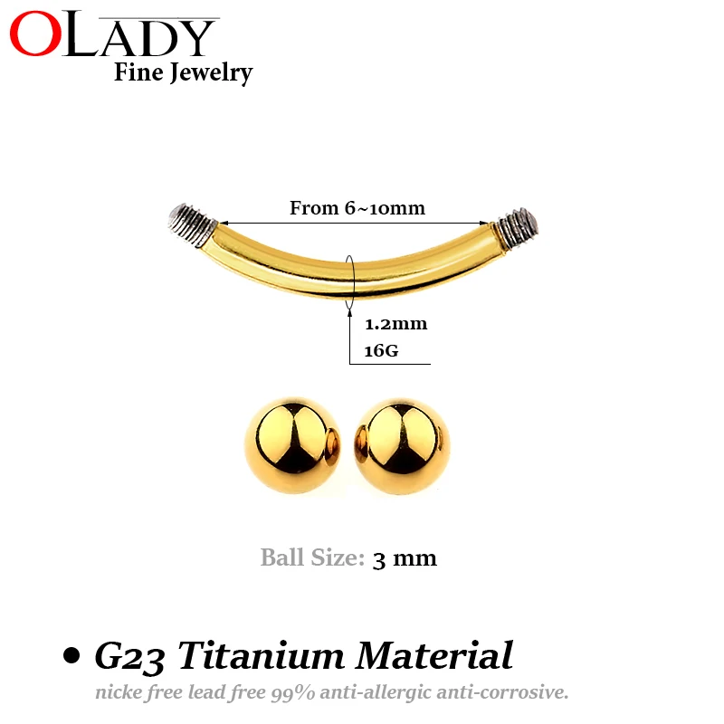 Изогнутый пирсинг для бровей, штанги, банановые шарики [ титан G23], пирсинг, ювелирные изделия для тела