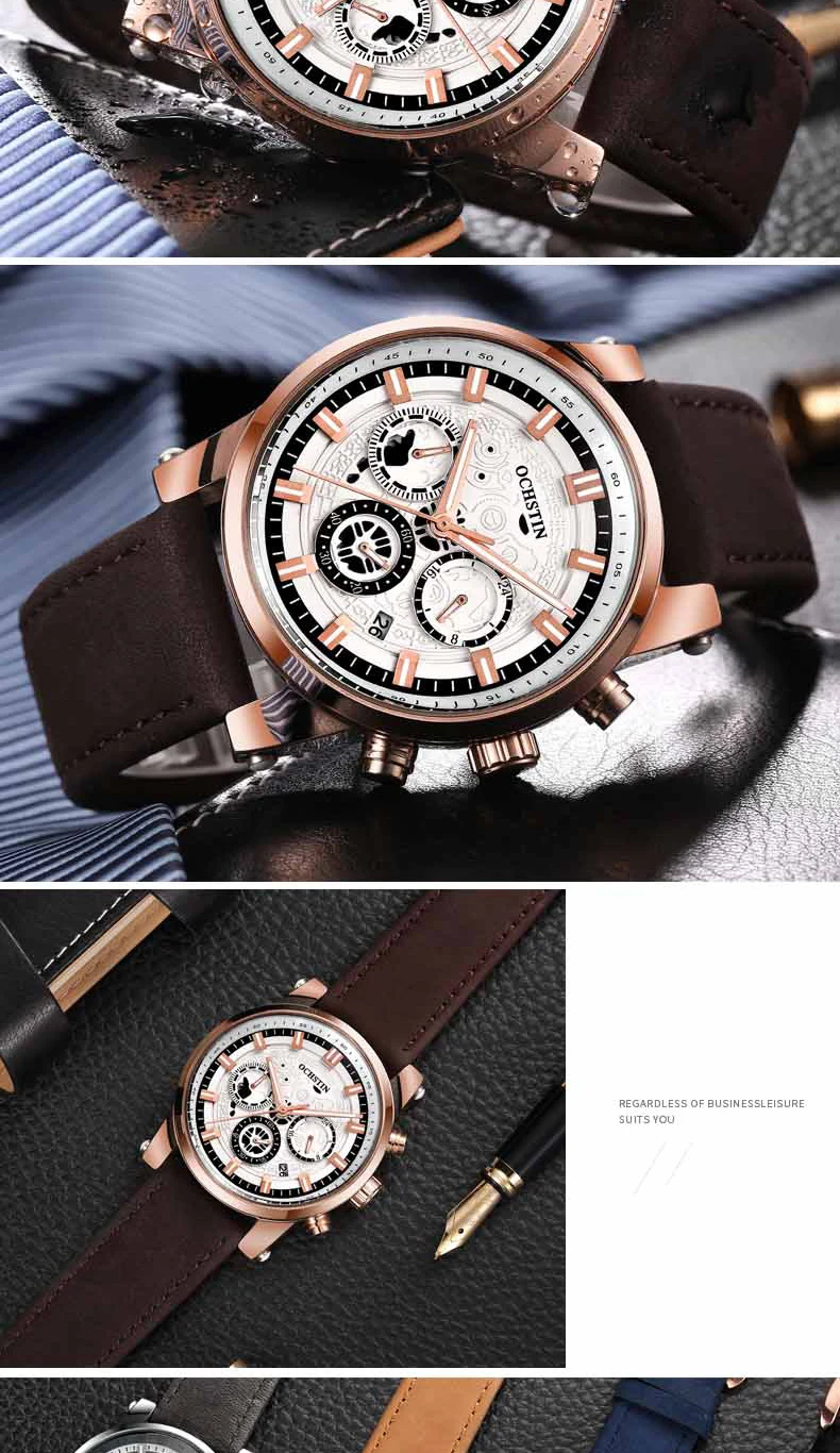 Ochstyn Роскошные брендовые классические часы для мужчин модные спортивные водонепроницаемые кварцевые часы с хронографом золотого цвета, часы для пилота