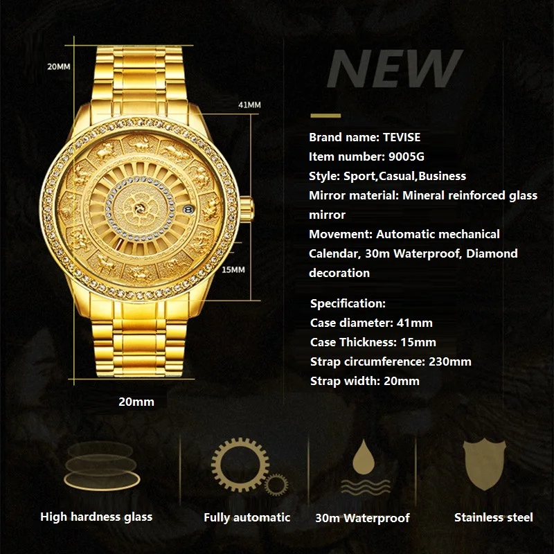 02018 New TEVISE Zodiac Signs Men Watch Automatic Mechanical Wristwatches Limited Edition Watch Men Gold Male Clock saat erkekler (2)