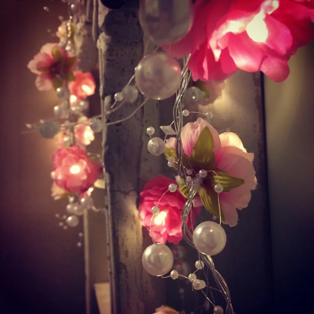 20 Led 2M Romantic Flower String Lights With Pearl Bead Fairy String Lamps Christmas Garland