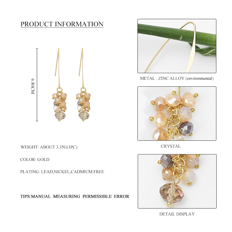 Wild&Free Vintage Crystal Beads Dangle Drop Earrings For Women Girl Gold Hook Long Earrings Romantic Wedding Jewelry Gift
