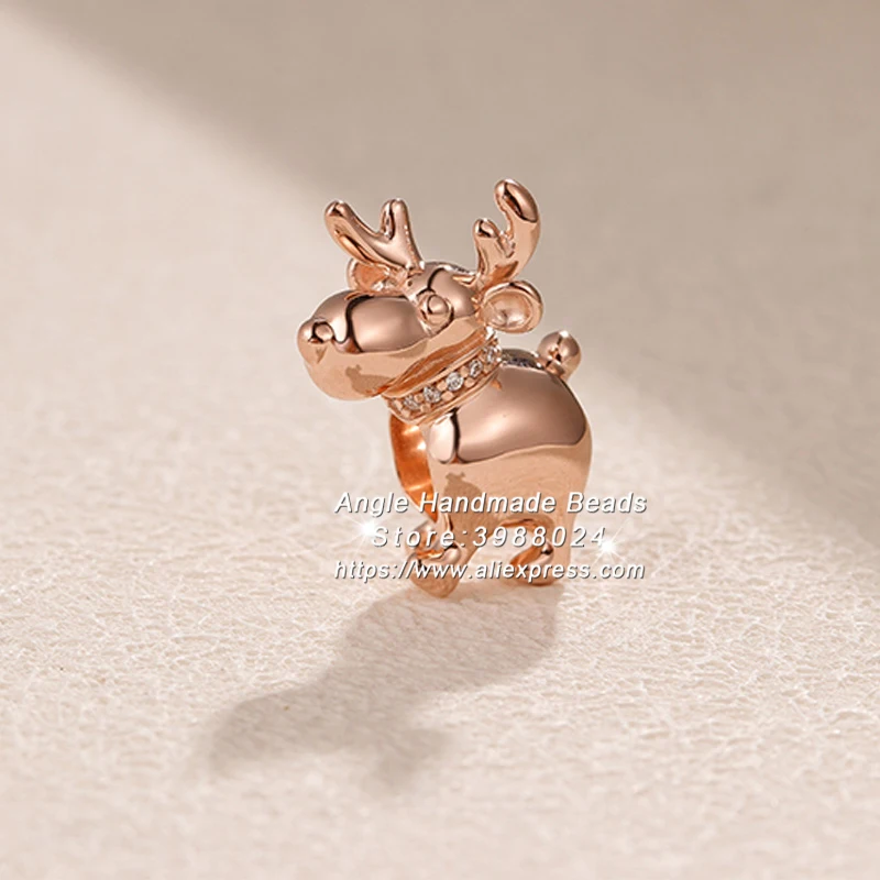 

Fashion Jewelry 2018 Winter Rose Gold Happy Reindeer With Clear CZ Charm Beads Fit European Pandora DIY Bracelet Pendant