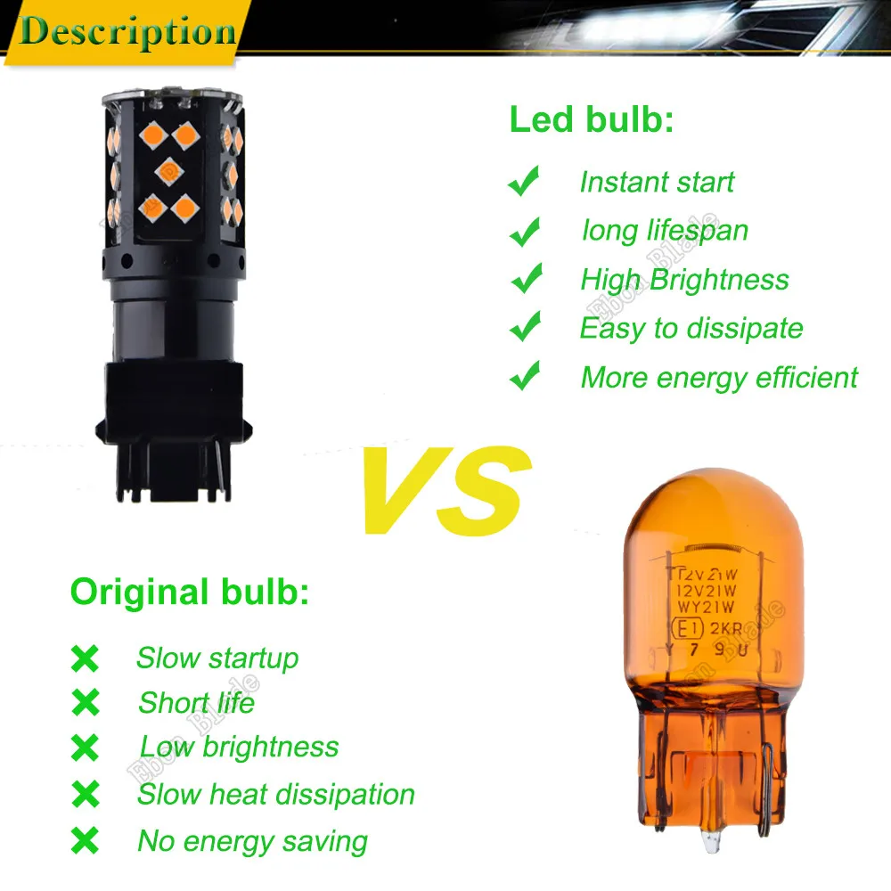 2 шт. светодиодный светильник для автомобиля s Canbus без ошибок Hyper Flash автоматический светильник сигнала поворота лампа янтарный, оранжевый, желтый T25 3156 P27W 12V 24V
