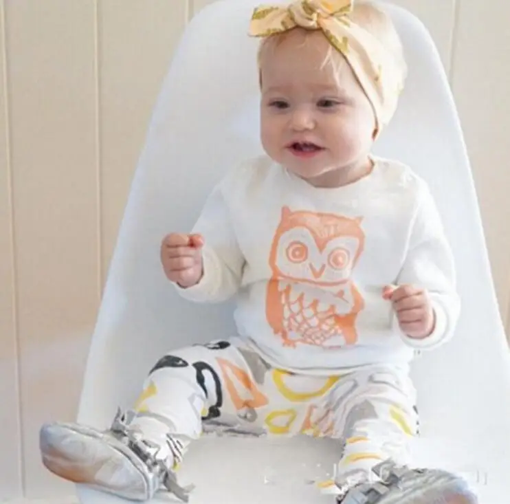 Children clothing trendy suits t shirt owl print long sleeve tops tee+cotton pants trousers two
