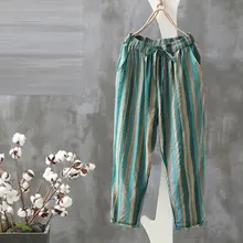 Pantalon sarouel à rayures pour femmes, ample, taille élastique, Vintage, en coton et lin, longueur cheville, mode d'été, D125
