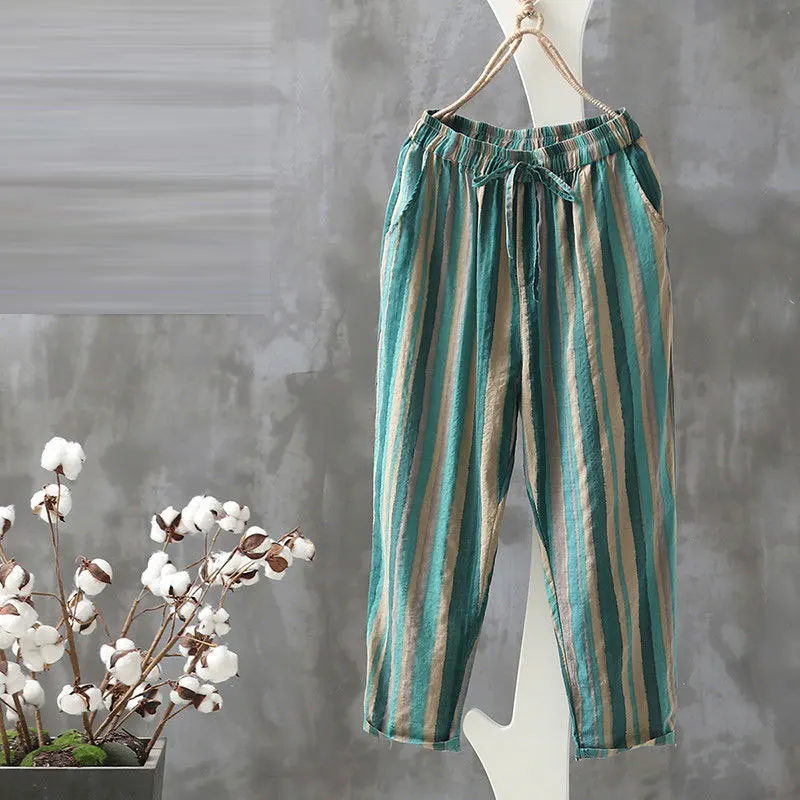 Summer Fashion Women Pants Plus Size Loose Casual Elastic Waist Striped Harem Pants Vintage Cotton Linen Ankle-length Pants D125 Summer Fashion Women Pants Plus Size Loose Casual Elastic Waist Striped Harem Pants Vintage Cotton Linen Ankle-length Pants D125