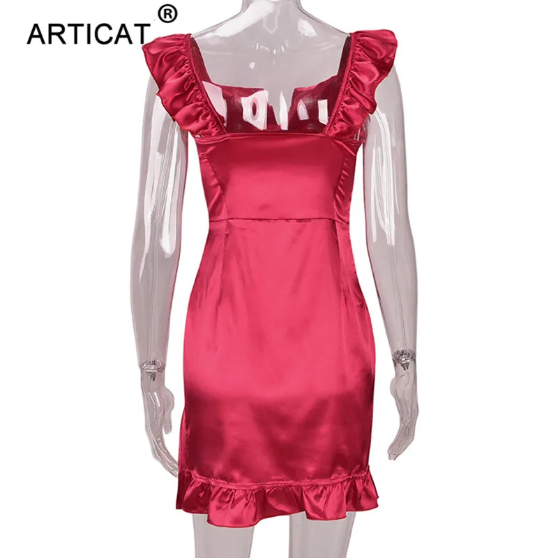 Articat оборки Атлас пикантные вечерние платье Для женщин элегантные Разделение с открытой спиной облегающее Бандажное платье осень Короткое мини платье Vestidos