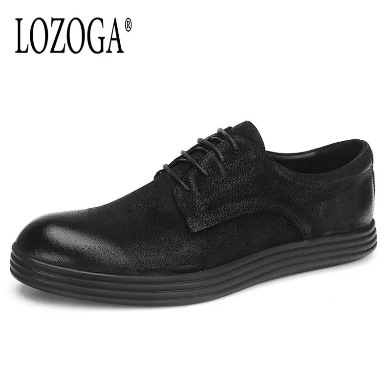 

Lozoga New arrived Genuine Leather Men Casual Shoes European and American Original Brand Shoes black Retro Handmade Lace up Flat