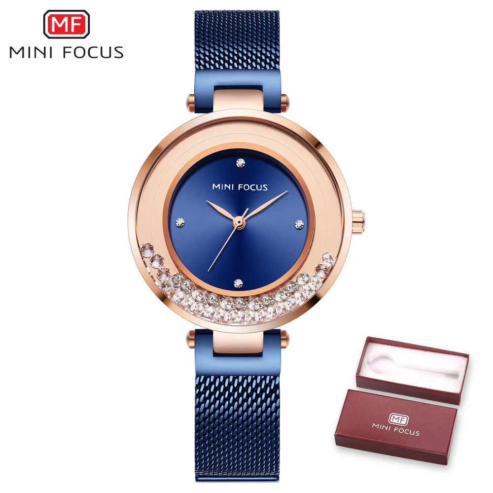 Элегантные женские часы Топ бренд класса люкс ультра тонкие кварцевые часы Кристалл Iced Out сетка ремешок водонепроницаемый Повседневное платье женские часы - Цвет: BOX BLUE