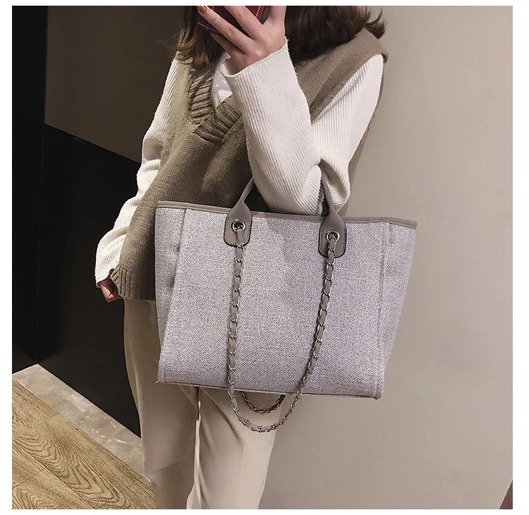 Новая женская сумка-тоут, модная Брезентовая большая сумка, сумки на плечо с цепочками, женская большая сумочка-мессенджер для шопинга