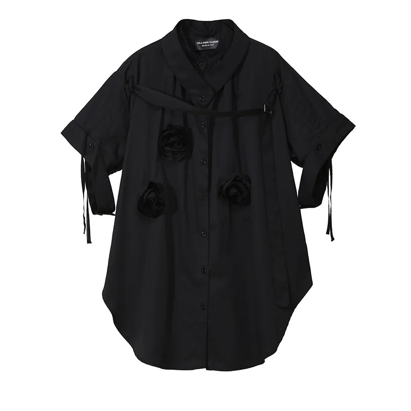 [EAM] Новая летняя рубашка свободного кроя с отворотами и коротким рукавом черного цвета с объемным цветком большого размера Женская модная блуза JU316 - Цвет: black