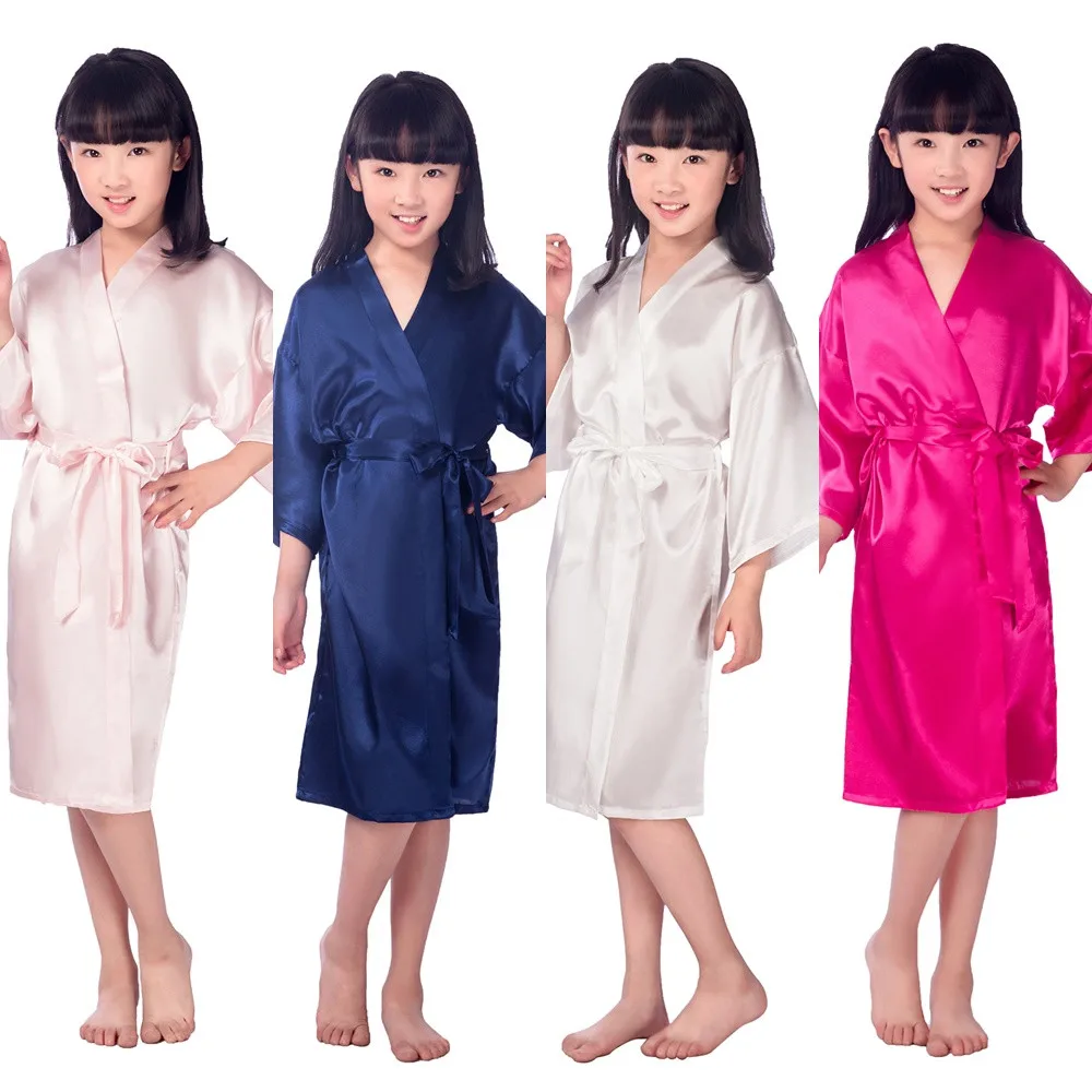 Новые однотонные шелковые халаты для девочек кимоно с цветочным узором для девочек Свадебные Короткие халаты, пижамы детский халат+ пояс, ночная рубашка, горячая распродажа