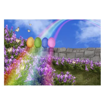

Vinyl Custom Photo Background Easter Eggs Rainbow Lucky Butterfly Brick Wall Purple Flowers Sky Children Photography Studio Prop