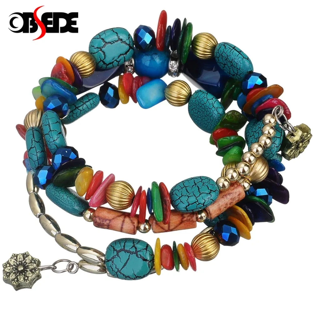 

OBSEDE Bohemia Women Vintage Multilayer Charm Beads Bracelets Blue Stone Bangles Wristband Crystal Fashion Female Jewelry