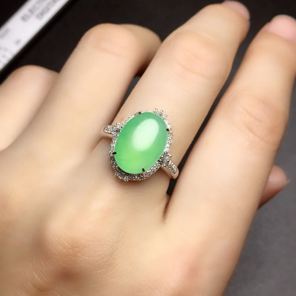 

815 Fine Jewelry 18K White Gold Real Natural Green Jade Burma Origin Wedding Engagement Female Rings for Women Fine Ring