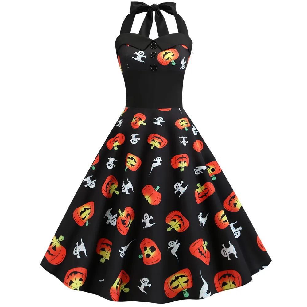 

Nightmare Before Christmas Sexy Halter Dress 2019 Skull Pumpkin Print Halloween Dress Vintage 50s 60s Pin Up Rockabilly Dresses