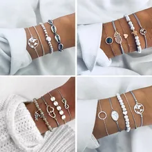 5 ชิ้น/เซ็ต Sea Turtle แผนที่หัวใจ Charm สร้อยข้อมือชุดสตรี Boho VINTAGE หินสร้อยข้อมือหนังเครื่องประดับขายส่...(China)