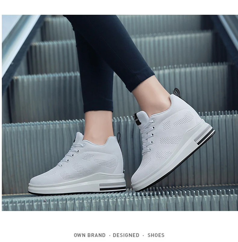 Новые женские кроссовки на платформе 8,5 см, визуально увеличивающие рост; белые Нескользящие лоферы на шнуровке; женская обувь на танкетке; Chaussure Femme