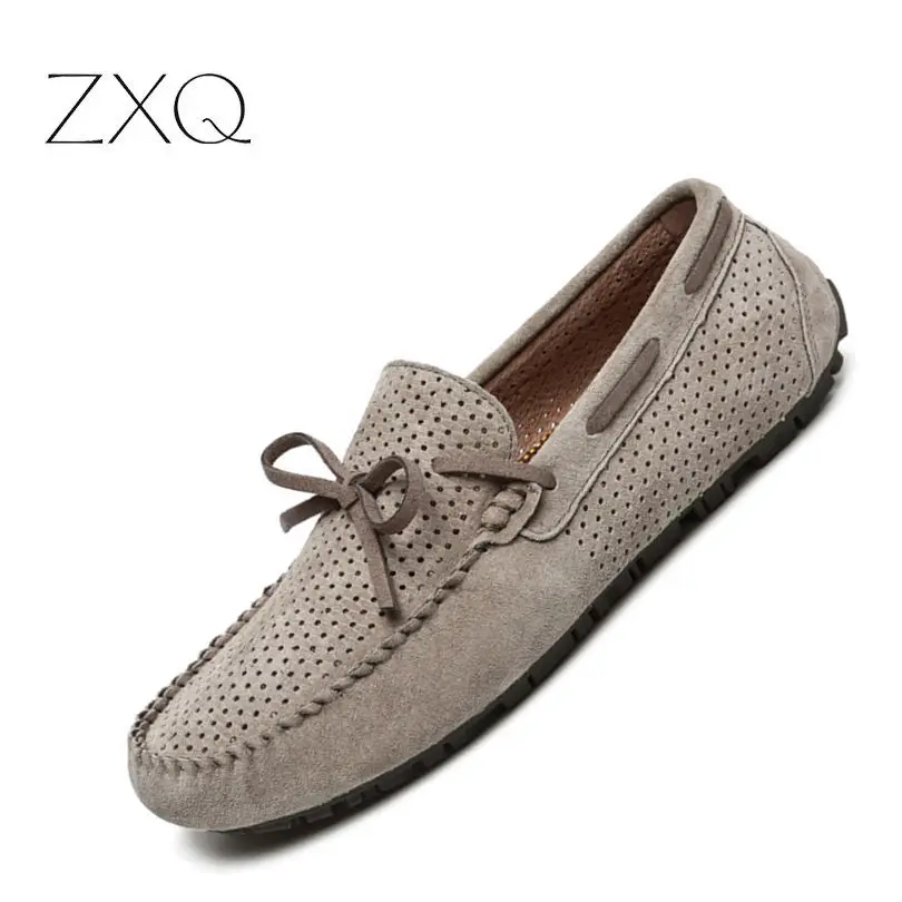 

Top Quality Men Slip On Flats Genuine Leather Round Toe Hollow Out Solid Color Suede Cow Leather Men Driving Peas Shoes