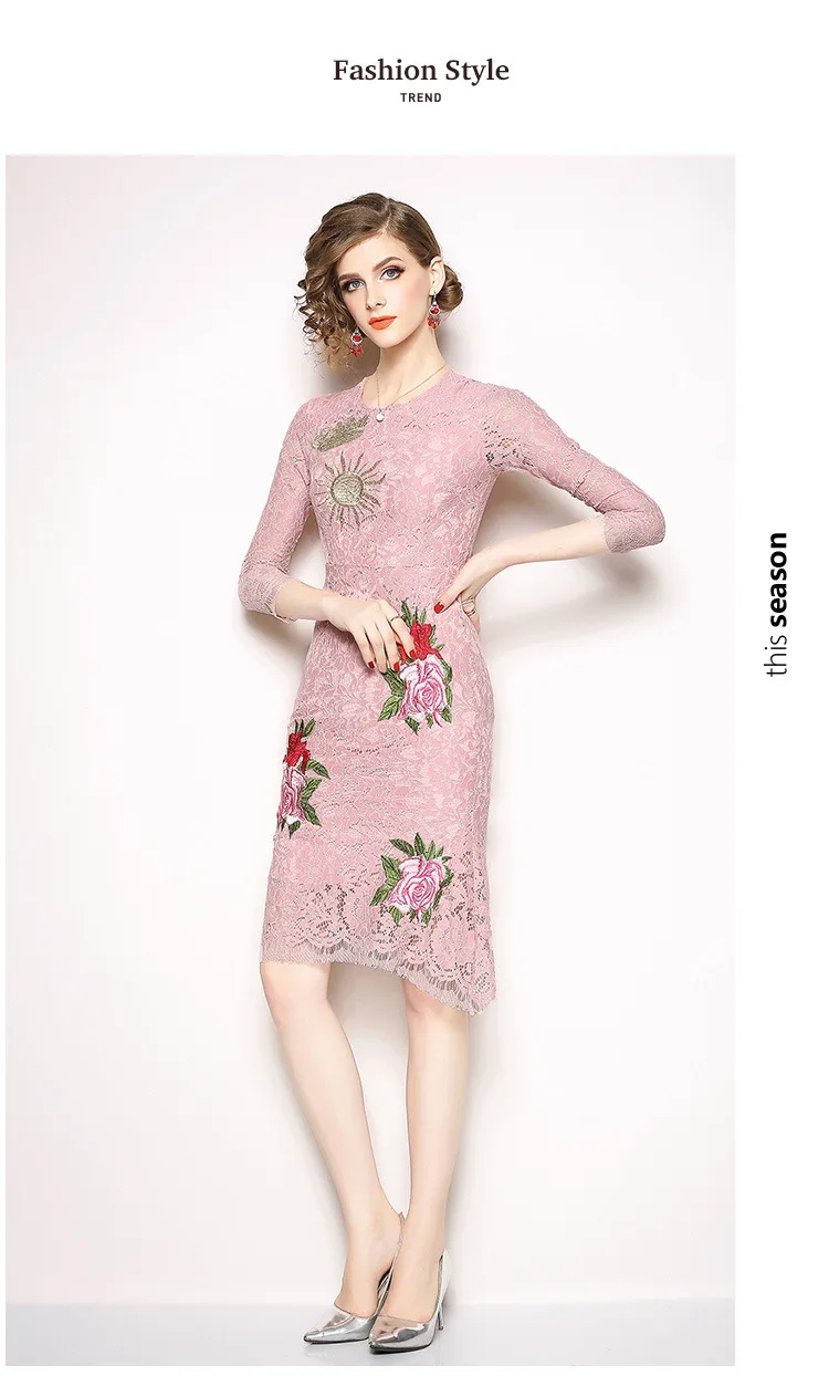 S-XXL Весна Лето Женское платье Золотой солнце булавка красный цветочный узор вышивка розовое кружевное платье 3/4 рукав длиной до колена