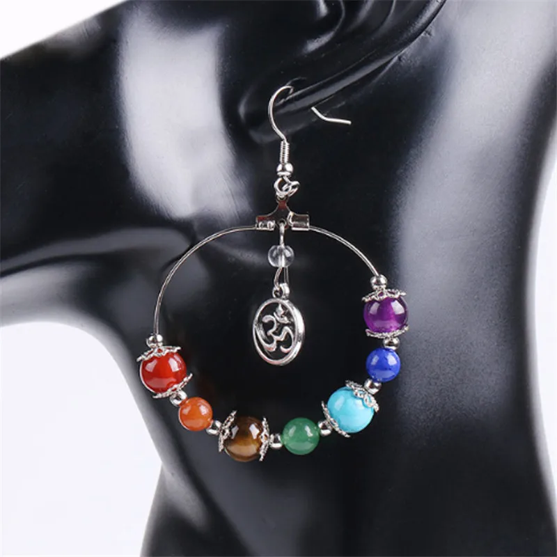 

Trendy Bohemian Round shaped 7 Chakra Tree of Life Stone Bead Reiki Healing Crystal Drop Earrings For Women Jewelry Gift