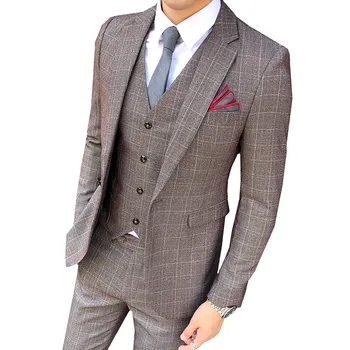 

England Style Men's lattice suits wedding groom Classic Business Wedding Casual Slim fit Single buckle Blazer 3pc coat vest pant
