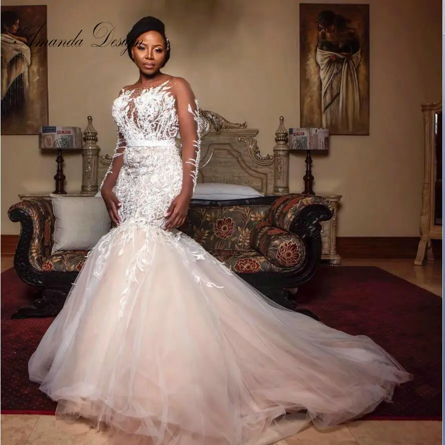 

Amanda Design robe de mariage Full Sleeve Champagne Mermaid Sheer Wedding Dress