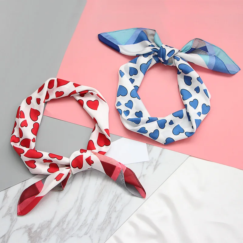

12 Designs Sweet Heart Dot Cartoon Scarf for Women Silk-like Cachecol Female Bag Decoration Hair Handkerchief 2018