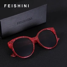 FEISHINI Stars Shine Plastic Frame Festival RED Cateye Sunglasses Ladies HD Mirror 2018 Fashion GG Women Glasses UV Protector
