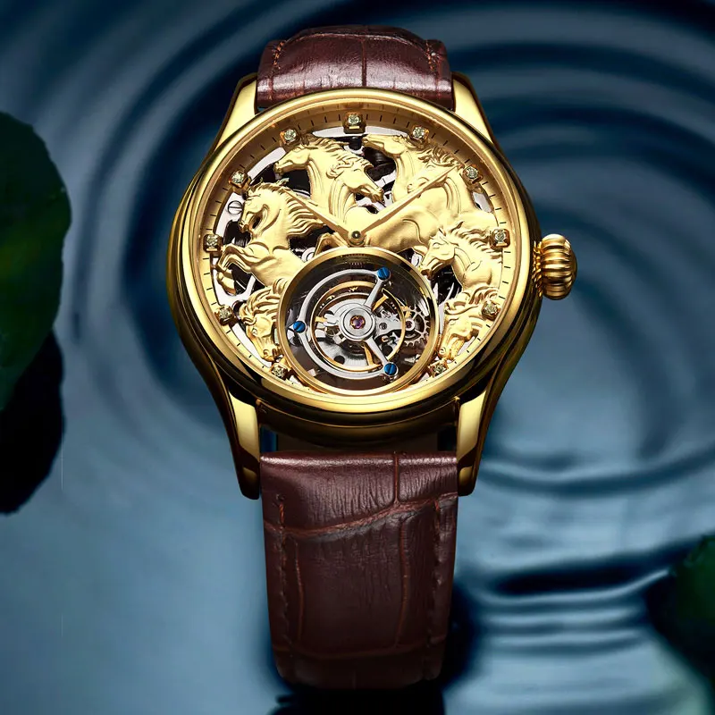 Tourbillon мужские часы с сапфировым скелетом и циферблатом от ведущего бренда, роскошные механические мужские часы с ручным заводом, s Tourbillon, 7007 г - Цвет: Champagne gold