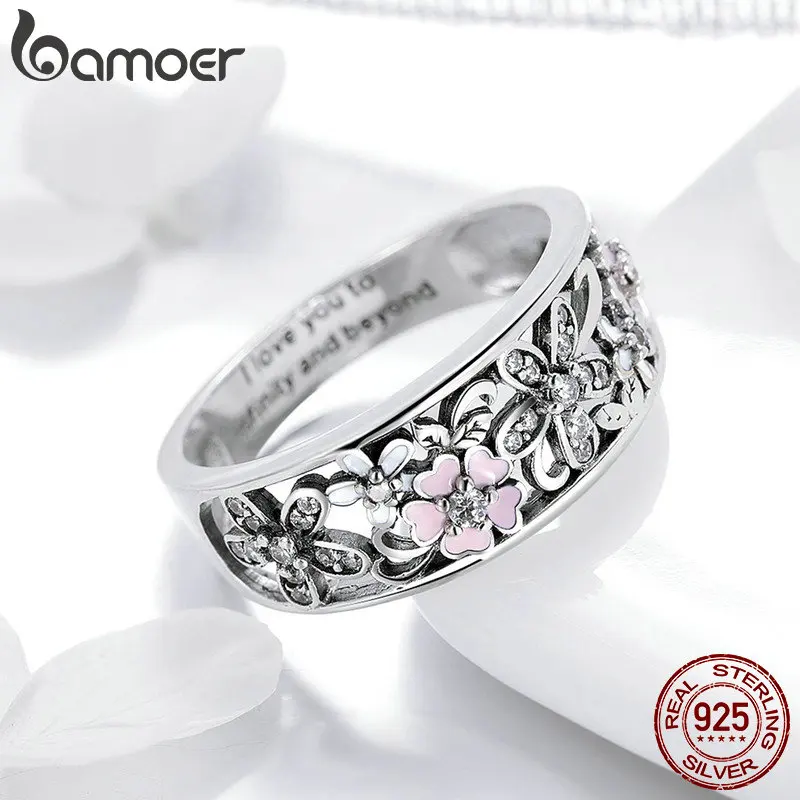 BAMOER Fashion 925 Sterling Silver Daisy Flower & Infinity Love Pave Finger Rings for Women Wedding Engagement Jewelry SCR390
