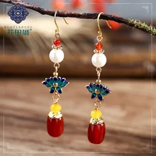 

Red Rhinestone Pendant Oil Drop Lotus Pearl Dangle Earrings Long Vintage Big Earrings Fashion Jewelry 2018 for Women