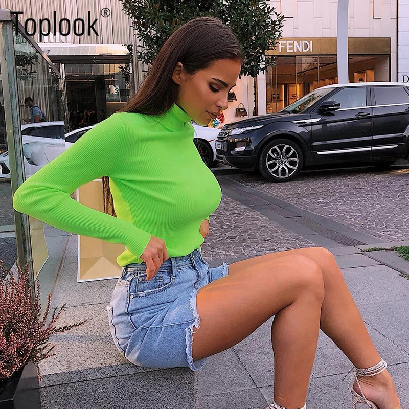 

Toplook Fluorescent Turtleneck shirts Winter Long Sleeve Shirt Ribbed Women Tops Green Fashion Women's Casual Knitted Shirt