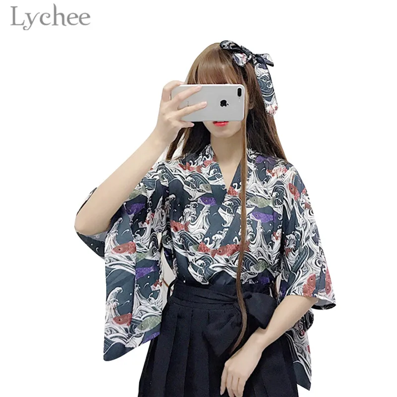 Кимоно Lychee женское с принтом в японском стиле повседневный Свободный кардиган