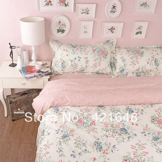 New Cotton pink queen bedding set princess floral pattern Printed Duvet