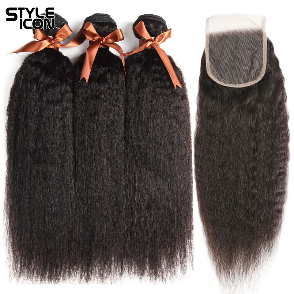 Styleicon 3 Связки Kinky прямые волосы с закрытием 100% перуанский натуральные волосы ткань с закрытием кружева non-реми Инструменты для завивки волос