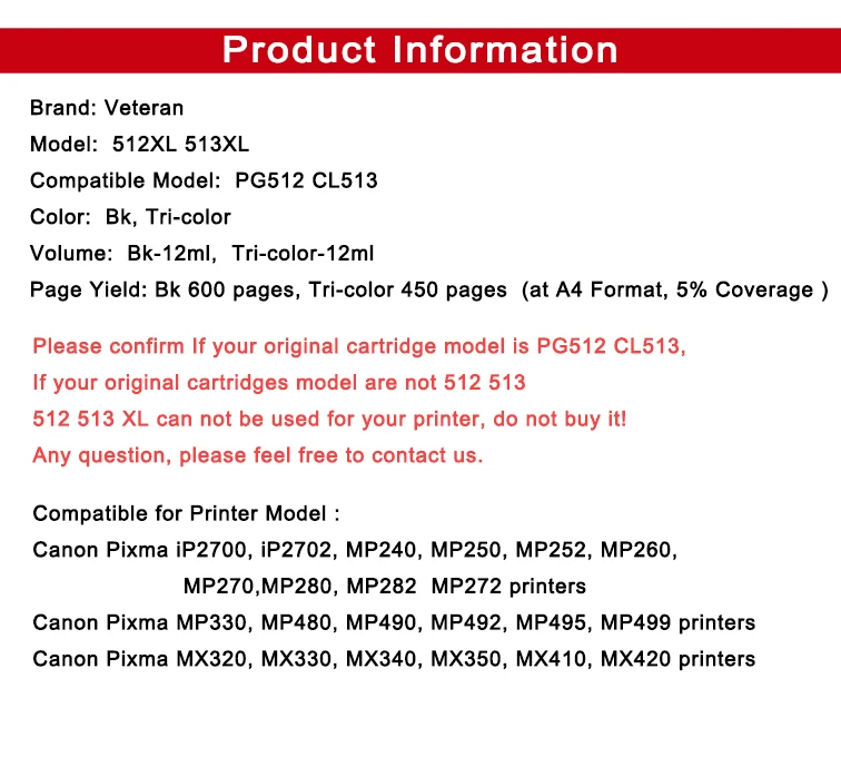 Чернильный картридж Veteran PG512 для Canon PG 512 pg 512XL принтера Pixma MP230 MP250 MP240 MP270 MP480 MX350