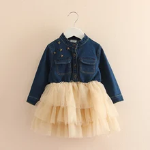 Детская одежда коллекция года, весенне-осеннее милое кружевное джинсовое платье с длинными рукавами и блестками для маленьких девочек 2-6, 8, 10 лет