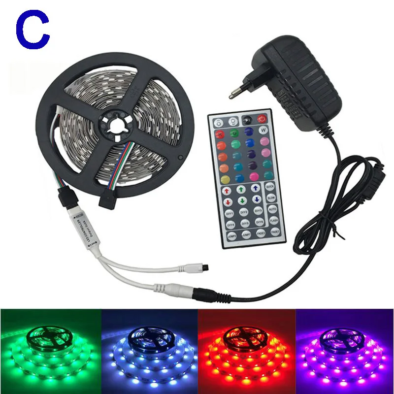 Светодиодная лента RGB, светильник 5050 smd, гибкая светодиодная лента постоянного тока 12 В, 60 светодиодов/м, 5 м, RGB Светодиодная лента, не водонепроницаемая, 44 кнопки, контроллер, комплект адаптеров - Испускаемый цвет: C