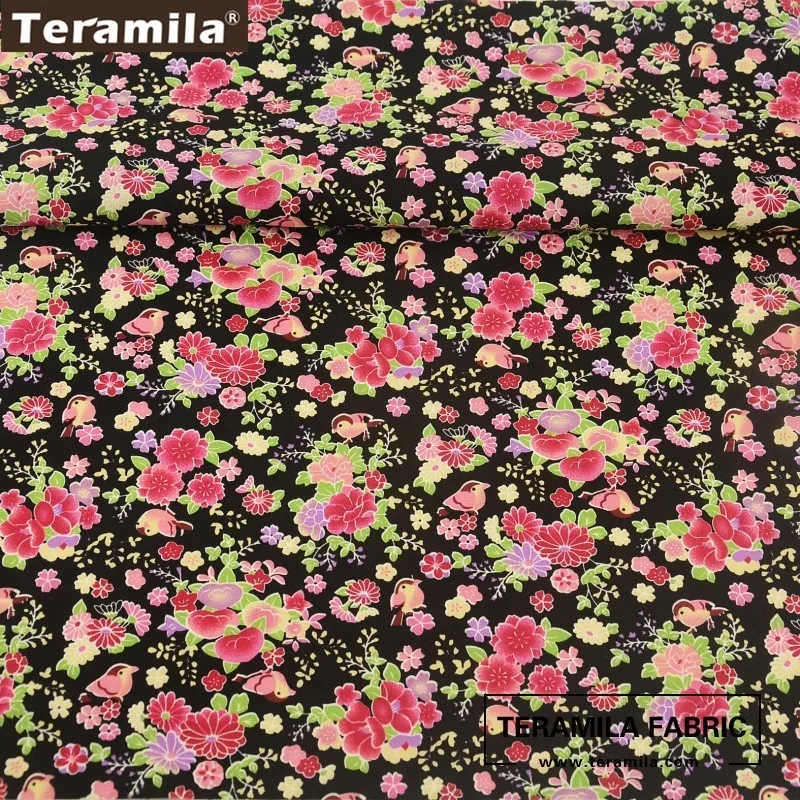 Teramila Cotton Poplin Fabric Black Printed Floral Design Fat Quarter Meter Tissue Quilting Sewing Dress Crafts Home Decoration|tissu quilting|cotton