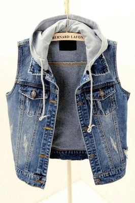 Женская джинсовая куртка без рукавов, короткий жилет, тонкая винтажная джинсовая куртка со съемным капюшоном, плюс размер, повседневный женский жилет, топы 4XL