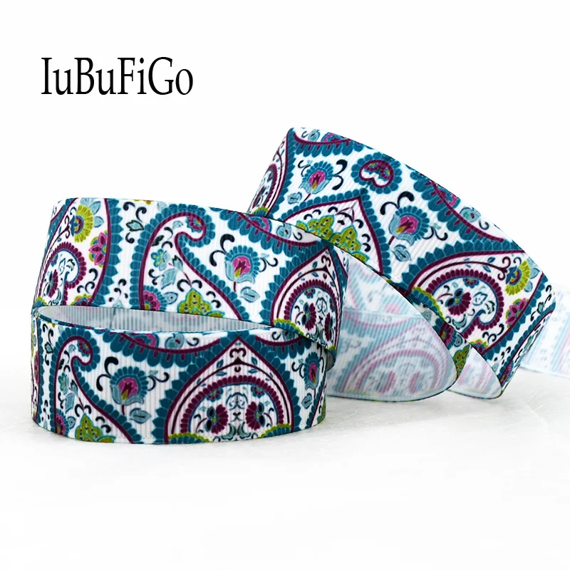 

[IuBuFiGo] 50 yards 7/8" 22mm Bohemia Printed Grosgrain Ribbon Paisley flowers ribbons DIY bowhair handmade materials 1152