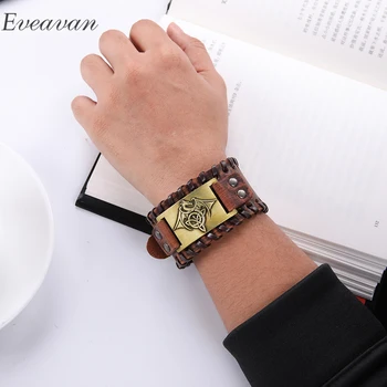 

EUEAVAN 5pcs Wholesale Antique Pterosauria Dragon Charm Bracelet Wide Cuff Black Leather Bangles Punk Jewelry Gift For Men