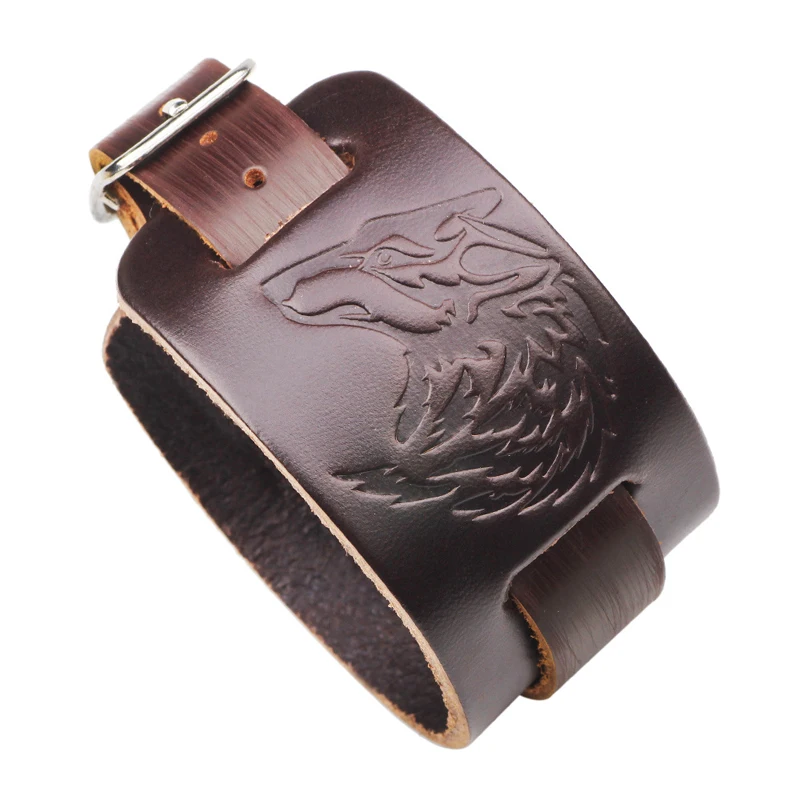 

F&U Vintage Cow Leather Wolf Picture Bracelet Cuff Belt Buckle Real Cowhide Bracelet Punk Style Accessories For men And Women