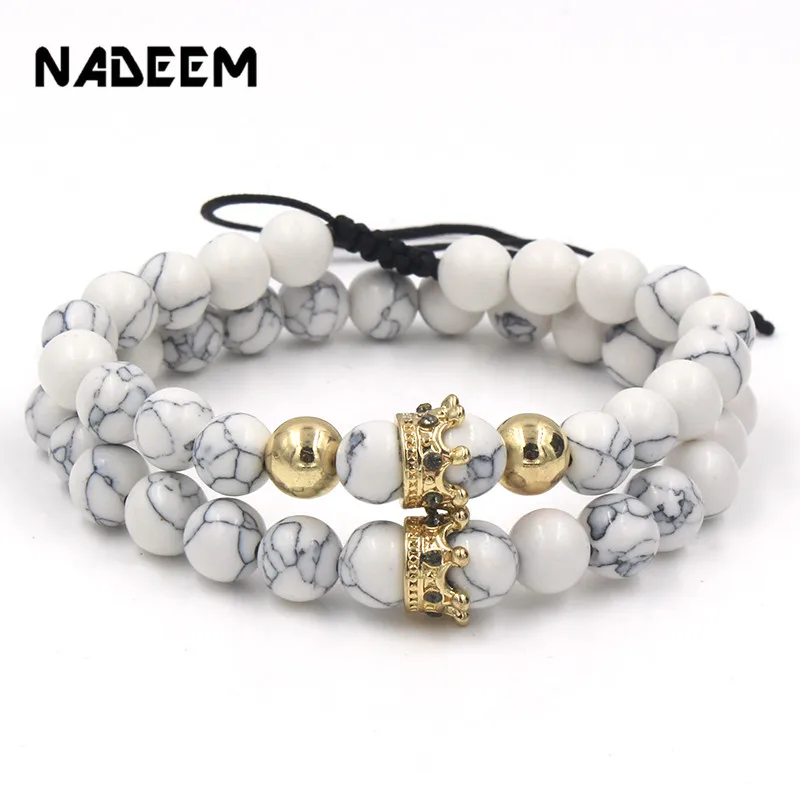 

Fashion 2Pcs/Lot Howlite Stone Pave CZ Imperial Crown Charm Couple Bracelet Sets For Men Women Yoji Braiding Bracelet Jewelry