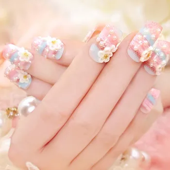 

3D Flower Decor Bling Nail Art Glitter Rhinestone Nail Tips With Glue Girls Multicolor Simulation Pearl Fake Nails 24pcs/set