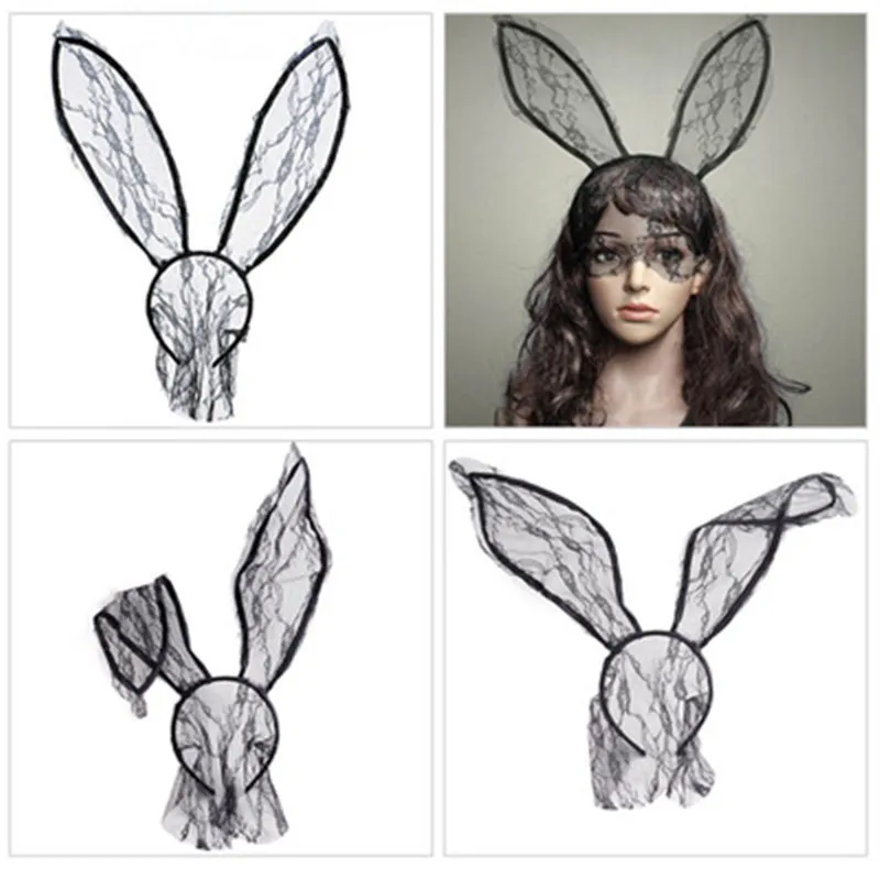 

Easter Fashion Headbands Novelty Girl's Sexy Black Rabbit Bunny Ears Veil Eye Mask Hair Bands Solid Women Halloween Headdress