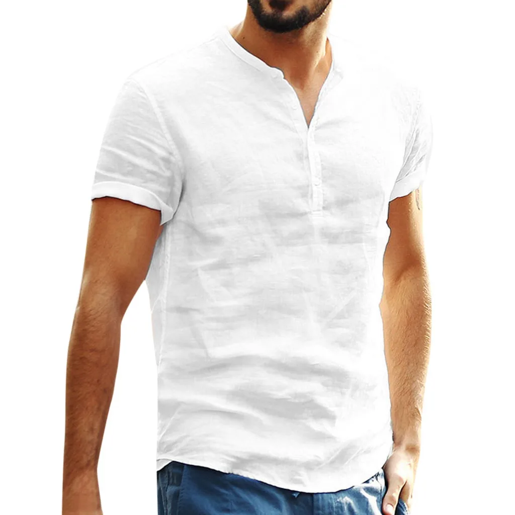 

2019 Autumn/Summer Men's Baggy Cotton Linen Soid Color Short Sleeve Retro T Shirts Tops Blouse Poleras De Mujer Street Style